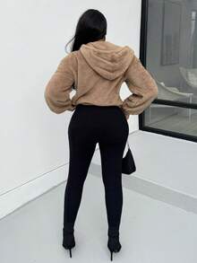 Alexandranx 女士纯色羊毛连帽运动衫，厚实保暖女士羊毛运动衫，棕色，秋冬，长袖上衣 - 卡其色 - 查看 2