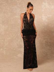 Lumalex Robe de demoiselle d'honneur bordeaux à volants en dentelle et maille contrastée, robe de soirée élégante et glamour à épaules dénudées, nouvelle collection automne-hiver pour fête, mariage, cérémonie, vacances, festival - Noir - Voir 7