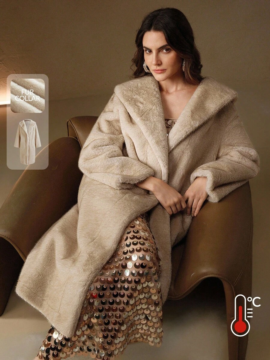 Anewsta 女士优雅人造毛领收腰高端冬季外套 - 杏色 - 查看 1