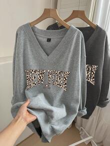 Comfortcana 2 件大码休闲豹纹 V 领宽松运动衫，适合秋冬季 - 彩色 - 查看 5