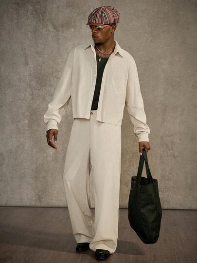 PAVTROS Men's Street Style Y2K Beige Corduroy Cropped Shirt & Wide-Leg Pants Set, Men Clothes, Men Shirts, Men Sets - Oversized Fit, Ideal For Party, Halloween, Christmas, New Year, Daily Street Outings, Perfect Gift For Boyfriends/Husbands On Anniversaries, For Fall Winter