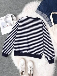 SHEIN Teen Girl Lightweight Knit Color Block Striped Heart Graphic Loose Casual Crew Neck Sweatshirt, Suitable For Holiday And Spring Festival Autumn Winter - Navy Blue - View 2