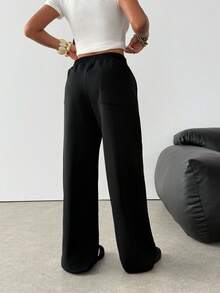 SHEIN Teen Girl Embroidered Loose Fit Casual Long Sweatpants Pants Cute Black Baggy Pants Black Sweat Pants Black Sweatpants Loose Pants - Black - View 5