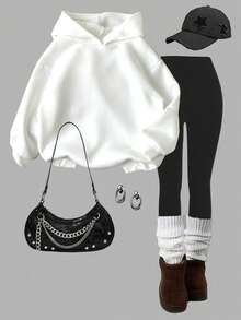 SHEIN Leap Crew 2 件套青少年女孩休闲洛杉矶手势印花连帽运动衫和紧身裤套装，适合秋冬季 - 彩色 - 查看 2