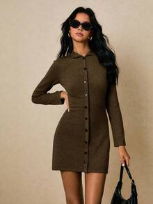 Poéselle 女式纯色长袖单排扣修身毛衣裙，女式纽扣连衣裙，女式长袖连衣裙，连衣裙开衫，秋冬纽扣连衣裙 - 咖啡棕 - 查看 5
