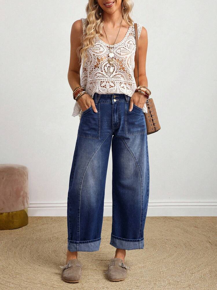 EMERY ROSE Plus Size Casual Everyday Washed Slant Pocket Loose Fit Jeans - Dark Wash - View 6