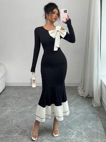 SHEIN PETITE Women's Asymmetric Collar Bow Patchwork Fitted Elegant Long Sleeve Dress - Apricot - View 3