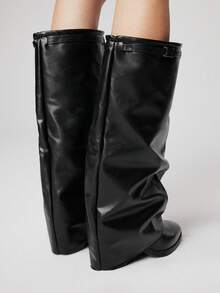 ROMWE Women's Black Closed Toe Low Heel Buckle Motorcycle Boots, Riding Boots, Boots, Leather Dress Boots, Rock Punk Boots, Shaft Boots, Mid-Calf Boots - Black - View 5