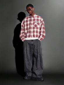 SUMWON Camisa de botones de manga larga a cuadros con ajuste corto, patrón a cuadros rojos, de algodón casual y oversize, prenda esencial de otoño e invierno para el streetwear clásico de todos los días - Multicolor - Ver 4