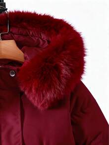 SHEIN 1 件中长款连帽棉衣，带毛领、口袋和亮片装饰，拉链开合，时尚冬季外套