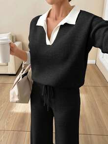 EURMUSE WOMEN SOFT TOUCH POLO NECK SWEATER AND SWEATER PANT Two Pieces OUTFİT CO-ORDS COOL - Black - View 7