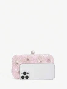 SHEIN Belle Fashion Women's Rhinestone Floral Embellished Evening Bag With Long Chain - Pink - View 4