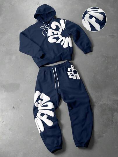 PAVTROS Men's Letter Print Long Sleeve Hoodie And Drawstring Waist Sweatpants Set Mens Sweat Suit Set Mens Jogger Set 2 Piece Set Men Street