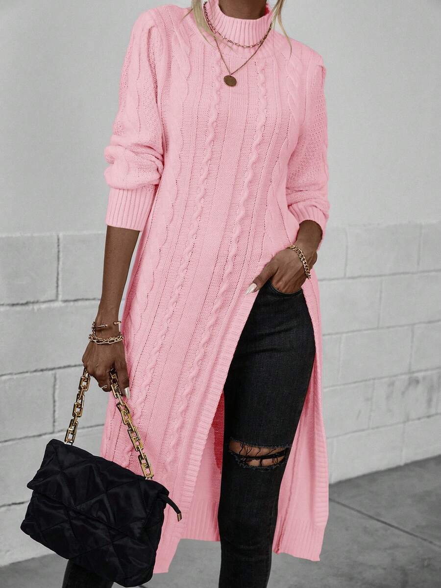 EMERY ROSE Casual Solid Color Stand Collar High Slit Sweater, Autumn/Winter - Baby Pink - View 1