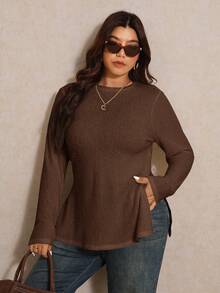 Elaquor Plus Size Women's Solid Color Round Neck Casual Side Slit Long Sleeve T-Shirt Brown - Coffee Brown - View 3
