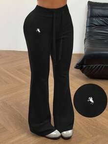 Solflare 大码休闲百搭骑士刺绣喇叭裤 - 黑色 - 查看 7