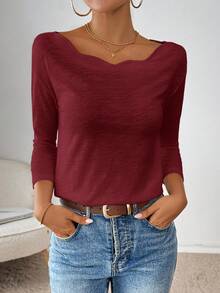 SHEIN Essnce 大码女式约会上衣、露肩 T 恤、长袖露肩烫衬衫、冬季女装长袖衬衫、感恩节衬衫、圣诞节上衣性感长袖上衣露肩上衣 - 酒紅色 - 查看 5