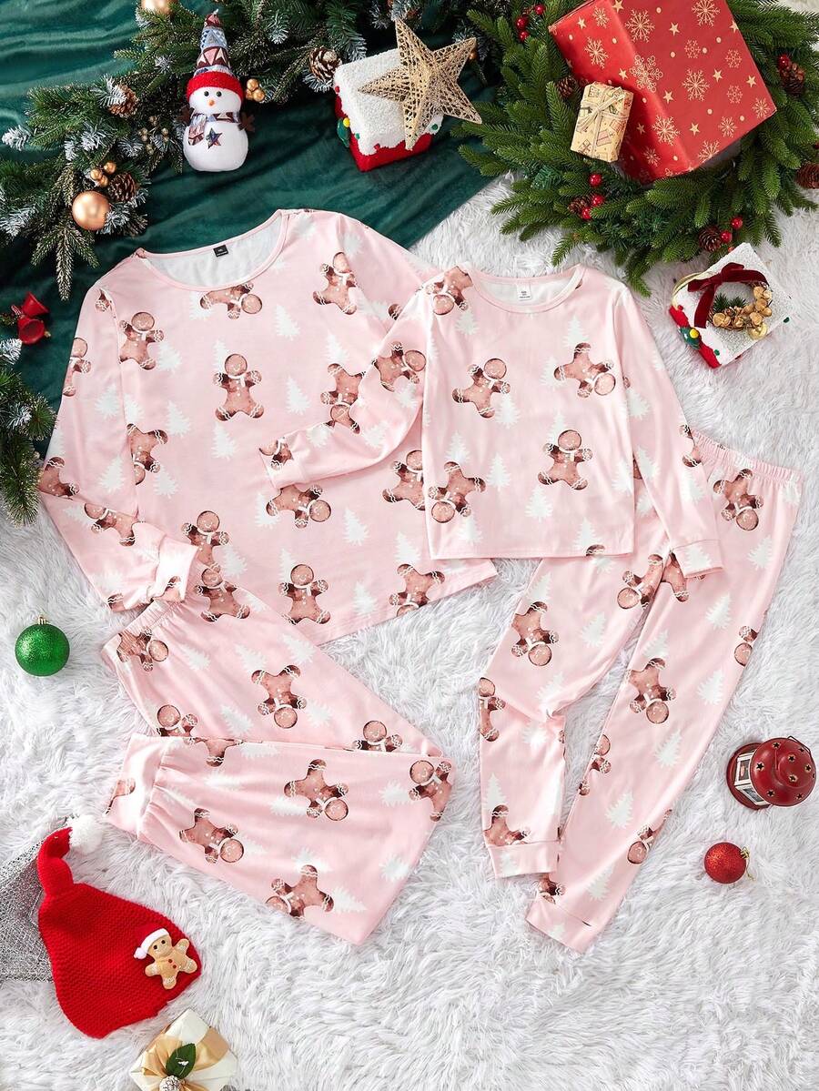 SHEIN Tween Girls Casual Homewear Crew Neck Long Sleeve Pajama Set - Pink - View 1