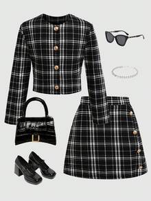 SHEIN Set Jaket Lengan Panjang Kotak-kotak Gaya Urban Chic untuk Remaja Perempuan dan Rok Mini Bodycon - Hitam - View 6