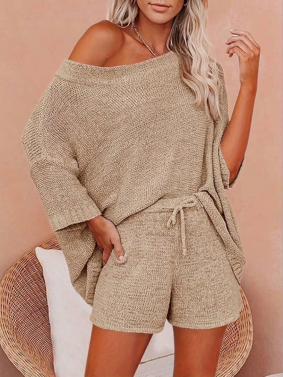 Calvaya Dam vår/sommar ny enfärgad halvärmad hoodie med bara axlar Mångsidig, elegant fransk stil, bekväm, skonsam, utsökt, lös, lös, dejting, pendling, stickad tröja tvådelat set - Aprikos - Visa 1