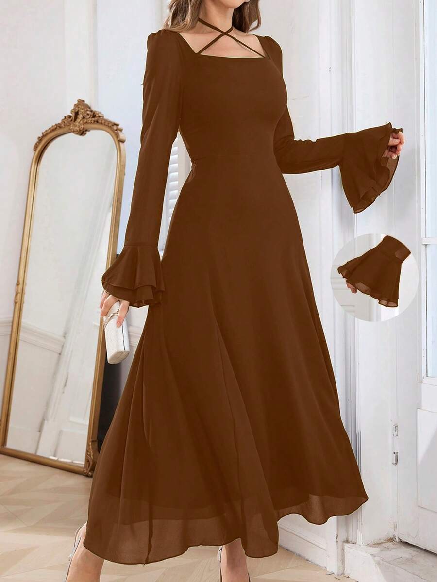 Modelyn 女士优雅精致时尚喇叭袖方领海军蓝连衣裙酒红色长款女士长款晚礼服 - 棕色 - 查看 1