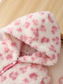 新生女婴可爱豹纹和羊毛连帽长袖连脚连体衣，秋冬婴儿睡衣 - 粉色 - 查看 4