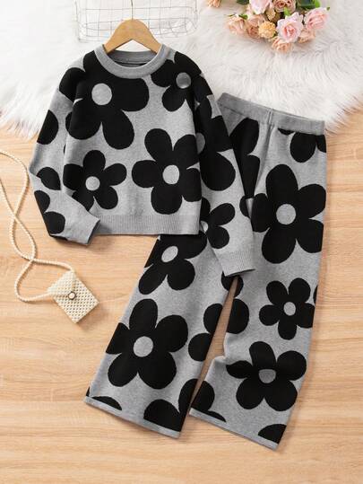 青少年女孩时尚图案提花针织毛衣和紧身裤两件套，秋冬