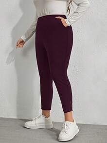 EMERY ROSE Plusstorlek Dam Enfärgade Elastiska Midjefickor Sidoslits Nedan Casual Byxor - Bourgogne - Visa 4