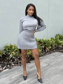 Alexandranx 秋季女装灰色毛呢连衣裙收腰A字显瘦针织裙灯笼袖高领毛衣连衣裙冬季女装 - 灰色 - 查看 5