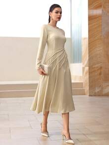 Modelyn Apricot Color High-End French Style Pleated Cinched Waist Elegant Long Sleeve Dress - Apricot - View 4