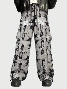 ROMWE MEN Street Life Spring Casual Camo Men'S Letter & Pentagram Star Print Cargo Pocket Wide Leg Pants - Grey - View 4