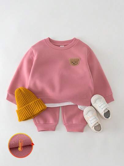 THE HAPPY LOOK 2pcs Young Girl Cartoon Bear Pattern Knit Soft Contrast Color Crew Neck Long Sleeve Pullover Sweatshirt And Elastic Waist Pants Set