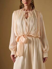 Briarwyn 女士纯色圆领灯笼袖系带时尚长裙，女士秋季服装，圣诞服装，新年服装，女士优雅连衣裙，复古风格女装 - 杏色 - 查看 3