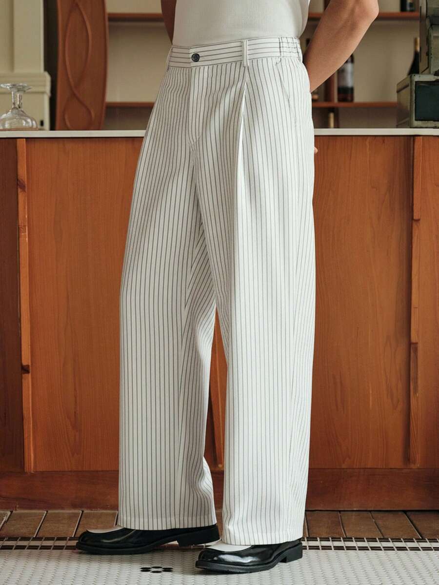 SWAVVY 男士条纹印花褶皱商务休闲正装裤 - 白色 - 查看 1