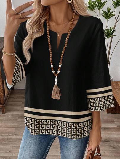 EMERY ROSE Women's Casual Vintage Print Loose V-Neck 3/4 Sleeve Work Shirt, Comfortable For Daily Commute, Spring/Autumn New Year Party