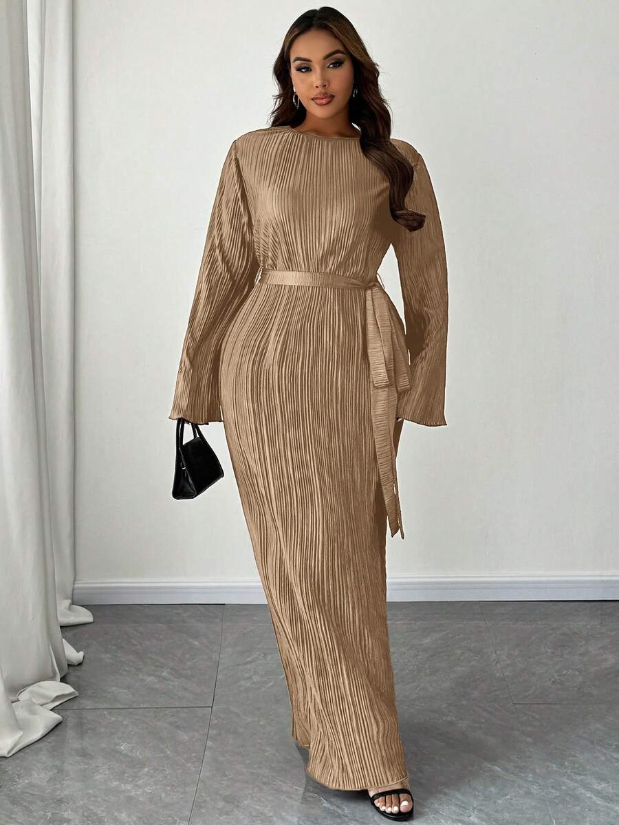 Maweii Đầm Maxi Cổ Tròn Tay Dài Buộc Eo Màu Trơn Cỡ Lớn Trang Phục Thường Ngày Tối Giản Cho Nữ - Màu Khaki - Xem 1