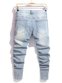 Manfinity Homme 男士休闲破洞修身牛仔裤 - 淺色水洗藍 - 查看 2