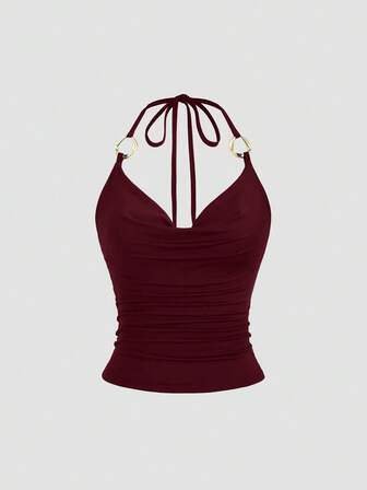 Sweetra Nueva Parte Superior de Mujer con Tirantes Anudados y Decoración de Anillo Metálico Versátil al Estilo Y2K