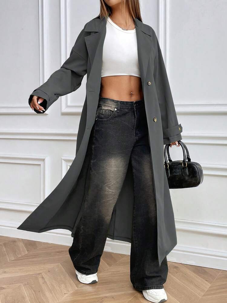 Chiquease 女式纯色翻领长袖长款时尚双排扣风衣 - 深灰色 - 查看 6