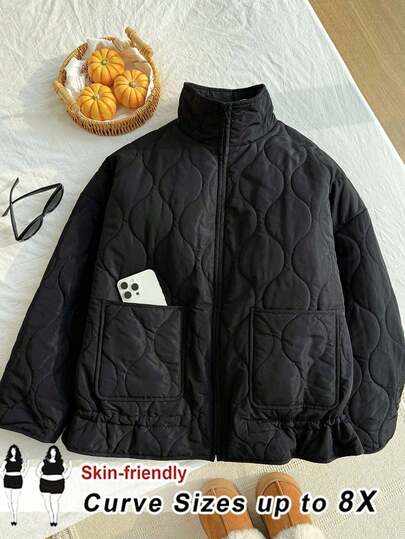 SHEIN CURVE+ 大码休闲纯色抽绳下摆夹克，秋冬绗缝夹克黑色夹克