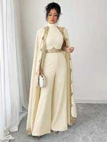 Rafferiza 女士优雅连体裤，带贴花，拼接立领斗篷设计，宽腿 - 杏色 - 查看 8