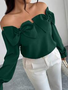 Elenzga Plus Size Solid Color Bow Decor Elegant Long Sleeve Shirt Fall - Dark Green - View 7