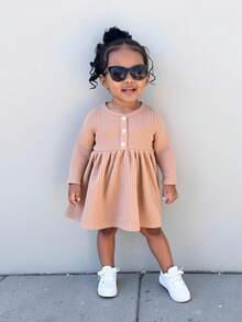 Baby Girl Khaki Thermal Lined Thick High Stretch Ribbed Ruched Long Sleeve Contrast Button Cute Dress, Suitable For Winter - Pink - View 6