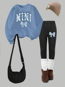 SHEIN 2 件套女童花卉蝴蝶结樱花图案圆领运动衫和运动裤套装，秋冬 - 彩色 - 查看 4