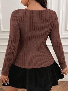 SHEIN Frenchy 大码女式时尚鸡心领罗纹上衣和裙子两件套 - 棕色 - 查看 6