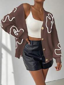 Chiquease Women's Floral Pattern Drop Shoulder Long Sleeve Casual Knit Cardigan, Autumn/Winter - Maroon - View 4