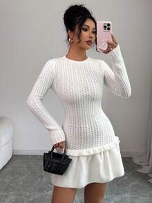 SHEIN Elenzya 秋冬时尚优雅荷叶边修身鱼尾下摆针织毛衣裙女 - 米色 - 查看 3