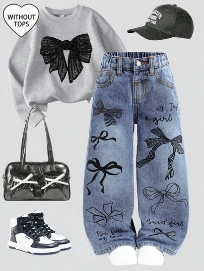 SHEIN 少女蝴蝶结装饰蓝色牛仔宽松裤