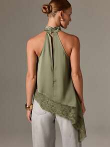 AiiRZ Halter Neck High Neck Asymmetric Lace Trim Satin Top With Mock Neck - Green - View 2