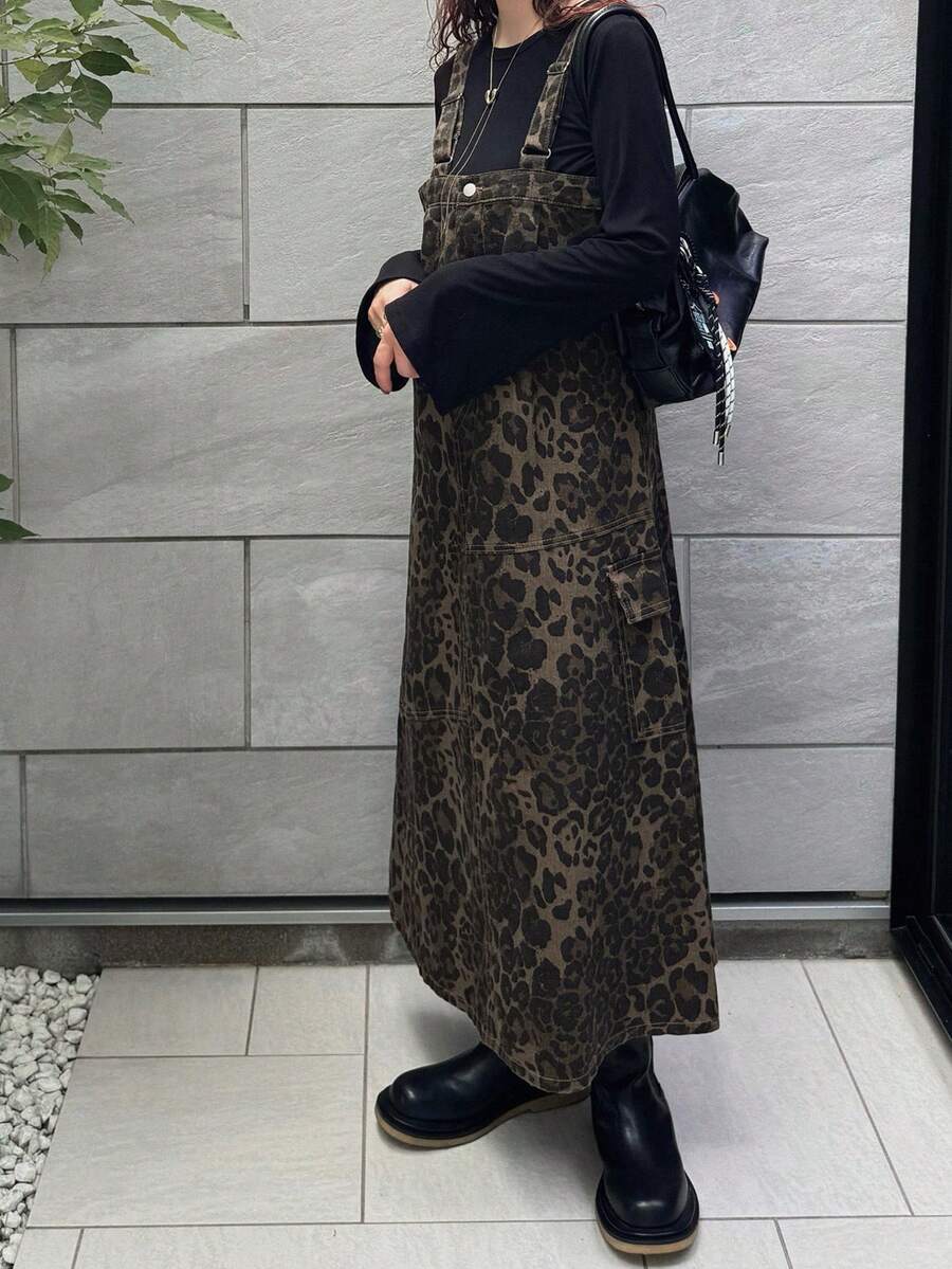 FRIFUL 女士时尚豹纹无袖方领休闲宽松长款牛仔连衣裙 - 棕色 - 查看 1